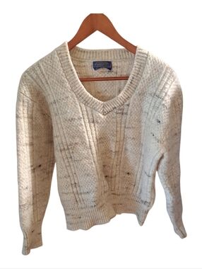 PENDLETON WOOLEN MILLS OREGON USA MADE SPECKLED CABLE KNIT V-NECK SWEATER L